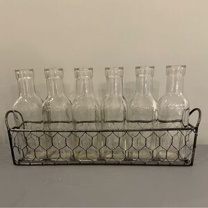 Set of 6 Clear Glass Bottles vases with Metal Wire Holder farmhouse core